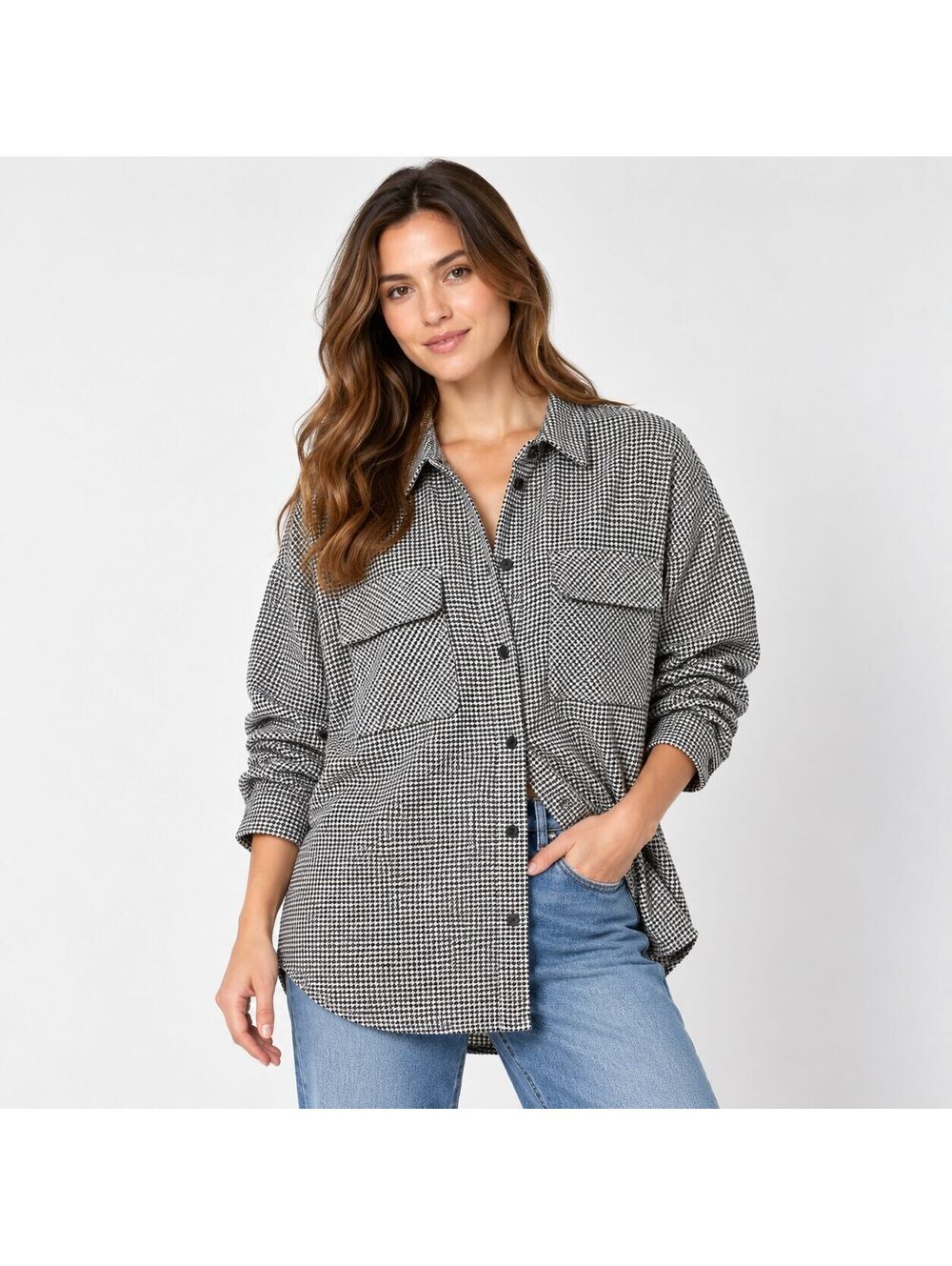 Abercrombie & Fitch Oversized Houndstooth Button Down Shirt Black White XL